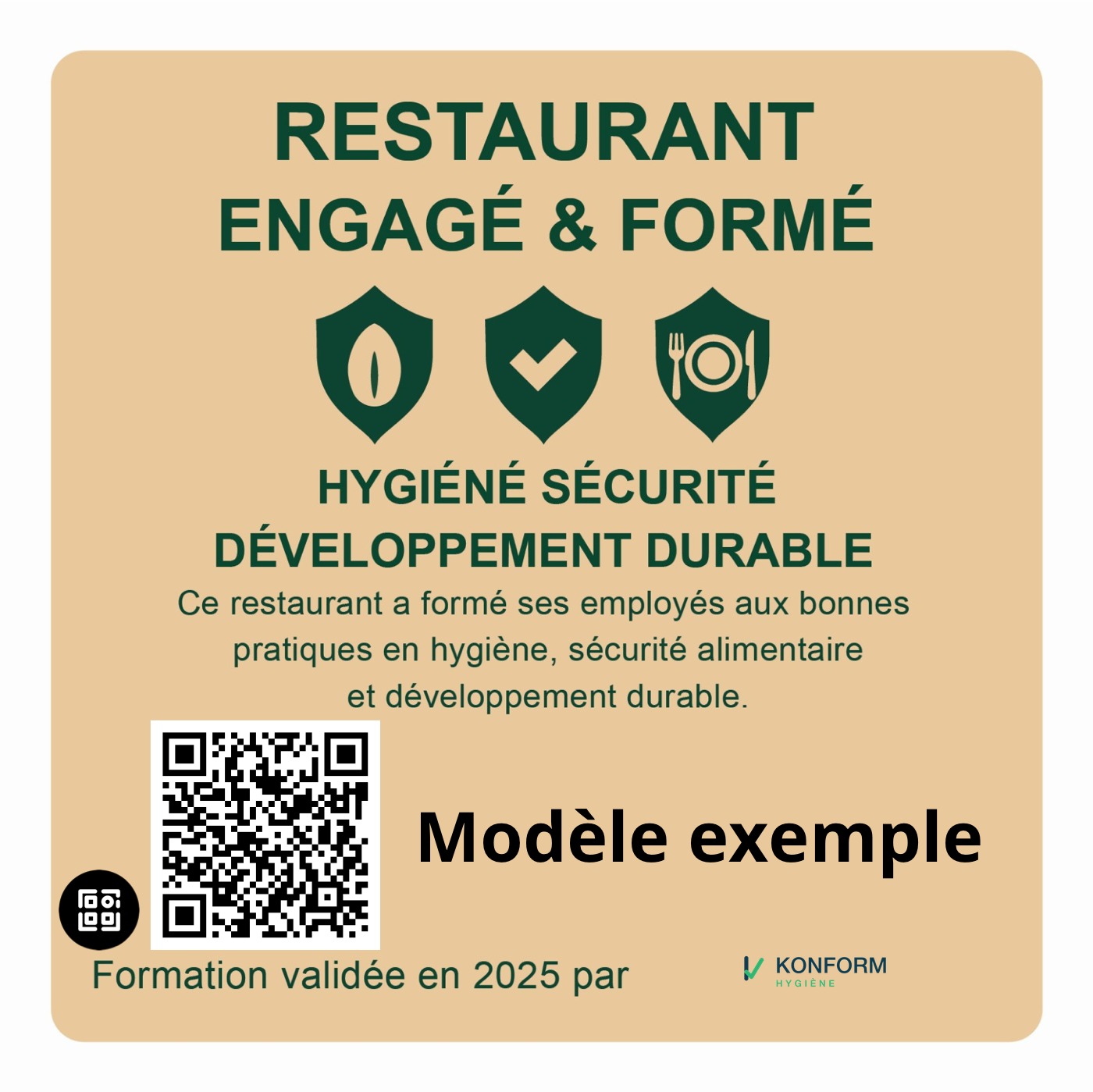 Exemple de vitrophanie « Restaurant engagé et formé » à apposer en vitrine